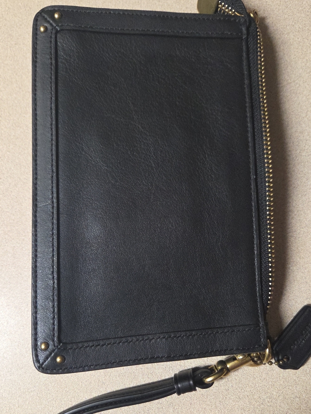 Black Leather Wristlet with Gold Hardware - Womens Bag - Picture 3 of 5